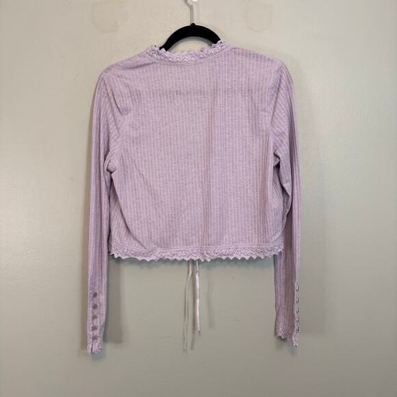 Free People Third Date Crop Top Womens Small Purple Lace Trim Ribbed Long Sleeve - Picture 2 of 7